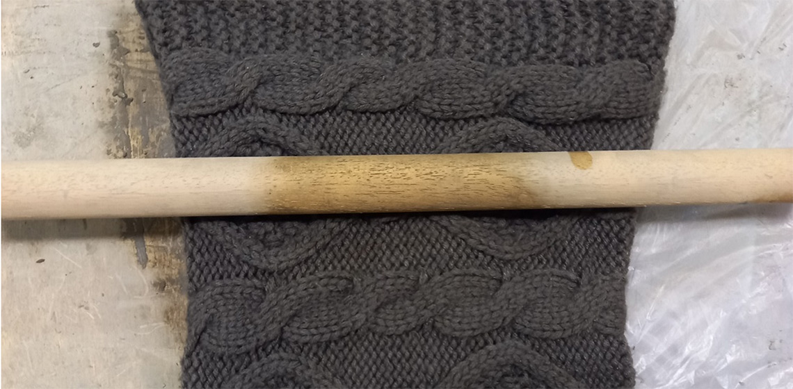 Representation of the textile and different materials used for recreating Type 4 impressions on the tablets. A) Imprint made with a rounded piece of wood on a moist woollen crocheted cloth.