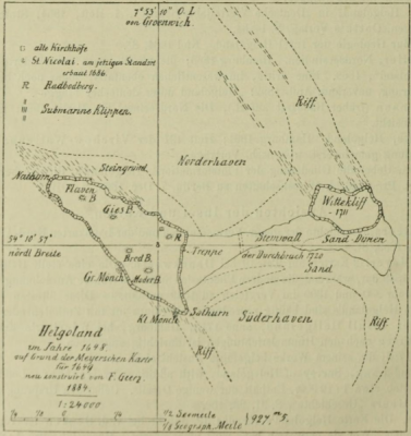 Franz Geerz, Historische Karte von Helgoland, Schleswig 1884. Aus : Olshausen, Otto : Zur Vorgeschichte Helgolands, Berlin 1893, S. 502, Fig. 1. In public domain.