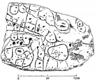 Zeichnung : Paul du Châtellier : La pierre gravée de Sanct-Bélec en Leuhan, Finistère. Quelle : Exploration des Tumulus des Montagnes Noires, Finistère. In : Bulletin archéologique, Paris 1901, Seite 196, Fig. <br /> 4, No. 5. In Public Domain.