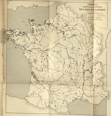 Joseph Dechelette : France, Carte des Dépôts de l'Âge du Bronze. In : Manuel d'archéologie préhistorique, Tome II, Part 1, L'Âge du Bronze, Paris 1910, S. 525. In Public Domain.