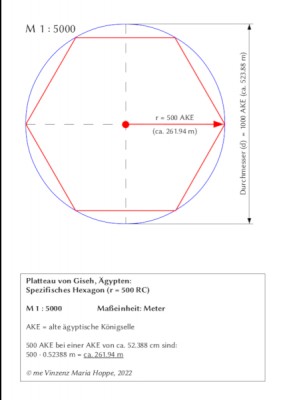 Platteau von Giseh, Ägypten:  <br />Spezifisches Hexagon (r = 500 RC)<br />M 1 : 5000		Maßeinheit: Meter<br />AKE = alte ägyptische Königselle<br />500 AKE bei einer AKE von ca. 52.388 cm sind:<br />500 · 0.52388 m = ca. 261.94 m<br />© me Vinzenz Maria Hoppe, 2022