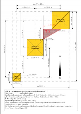 Abb. 4: Platteau von Giseh, Ägypten: Dreieckssegment T 1<br />M 1 : 5000		Maßeinheit: Meter<br />Quelle der Bemaßungs-Informationen: E-Book-Version des 1883 erschienenen Werkes: <br />„The Pyramids and Temples of Giseh“ von Mathew Flinders Petrie (1853 - 1942). <br />E-Book-Quelle: [Flinders, E2]<br />Quelle Originalwerk: [Flinders Petrie, 1883]<br />Werte ergeben sich aus den umgerechneten Vermessungswerten Flinders Petries in Inches<br />(englisches Zoll; 2,54 cm = 1 Inch)<br />Für die Pyramiden-Seitenlängen sind Flinders Petries veröffentlichte Durchschnittswerte angegeben.<br />© me. Vinzenz Maria Hoppe, 2022