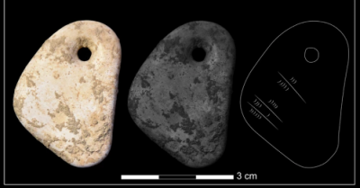 Zweischaliger Anhänger. Quelle : The Ornaments of the Arma Veirana Early Mesolitic infant burial. In : Journal of Archaeological Method and Theory, Bd. 29, Dordrecht 2022, Fig. 7, Nr. 4. Lizenz : CC BY 4.0. Mit freundlicher Genehmigung von Claudine Gravel-Miguel.