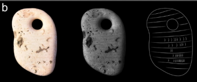 Zweischaliger Anhänger. Quelle : The Ornaments of the Arma Veirana Early Mesolithic infant burial. In : Journal of Archaeological Method and Theory, Bd. 29, Dordrecht 2022, Fig. 7. Foto Lizenz : CC BY 4.0. Mit freundlicher Genehmigung von Claudine Gravel-Miguel.