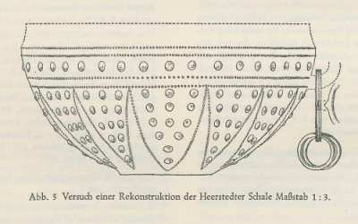 Holzschale von Heerstedt. Quelle : Ulrich Fischer : Zu der bronzezeitlichen Holzschale von Heerstedt im Kreis Wesermünde. In : Jahrbuch des Römisch-Germanischen Zentralmuseums Mainz, Bd. 1, Mainz 1954, S. 25, Abb. 5. Open Access. Lizenz : CC BY SA 4.0