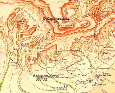 Ausschnitt der von Georg Schweinfurth bearbeiteten Karte von Theben-West, Berlin 1909. Dieses Exemplar wurde vom Archiv der Karls Universität Prag veröffentlicht. Gemeinfrei, in public domain. CC BY SA 4.0