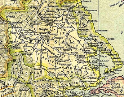 Karte von Thessalien in Griechenland. Gut zu erkennen ist die Phthiotis mit ihrer auf der Nordseite des Berges Narthacius gelegenen antiken Stadt Pharsalos. Westlich davon die Stadt Arne, das spätere Cierium.  Vom Handel über den Peneios abgeschnitten, profitierte die Stadt Larissa von der ca. 1196 v. Chr. erfolgten Einwanderung der Stämme der Böotier. Quelle : Historical Atlas by William R. Shepherd (1926). Aus : Perry-Castaneda Library Map Collection. Wikimedia 2006, Lizenz : CC-BY-3.0.