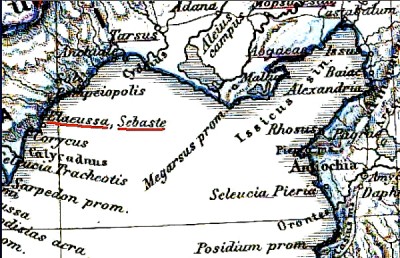 Diese Karte von Karl Spruner und Theodor Menke zeigt die östlich von Tarsus in Kilikien gelegene Ebene von Aleion. Sie war der Austragungsort einer Schlacht, welche zwischen den Titanen Typhon, Enyo und Seléne auf der einen, sowie den Giganten Mopsos, Amphilochus, Zeus und Ares auf der anderen Seite, ausgetragen wurde. Dieser erbitterte Kampf findet sich in den Dionysien des Nonnos, Verse II, 244 - 563 geschildert. Am rechten Rand des Kartenausschnitts finden sich der Berg Kasios, am linken Rand die bei Seleukia am Kalykadnos befindlichen Korykischen Höhlen verzeichnet. Quelle : Karl Spruner ; Theodor Menke : Atlas Antiquus, Gotha 1865, Karte No. VIII, Sinus Issicus. Gemeinfrei. In public domain.