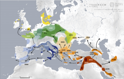 Übersichtskarte, Mesolithische Wanderung nach Gronenborn et alias, Römisch Germanisches Zentralmuseum / Österreichisches Archäologisches Institut 2021. Lizenz CC BY 4.0.