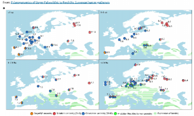 Übersichtskarte, Mesolithische Wanderung, Analyse der DNA gebundenen Populationsentwicklung nach Cosimo Posth, Johannes Krause et alias, Nature 2023, Issue 615, S. 117 - 126, Figur 5. Lizenz : CC BY-NC-SA 4.0.