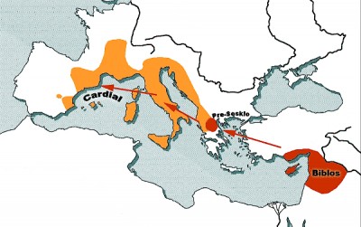 Karte zur Ausbreitung der Keramik der Pre-Sesklo und Cardial-Kultur im Neolithikum des 6. und 5. Jahrtausends v. Chr. Erstellt von : José-Manuel Benito Álvarez, Wikimedia 2006. Lizenz : In Public Domain.