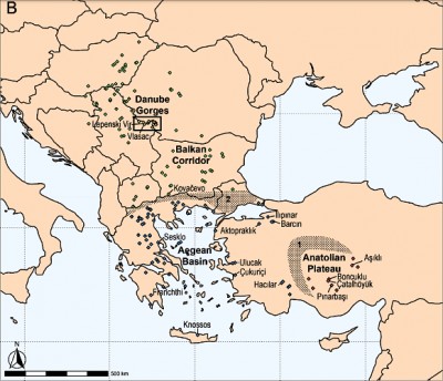 Karte zur mesolithischen Wanderung ca. 9500 - 5500 BC. Distribution of the 174 radiocarbon - dated sites with C 14 dates falling within the intervall 9.500 - 5.500 BC. Geographic coordinates from literatur. Quelle : Maxime Brami ; Laura Winkelbach ; Ilektra Schulz ; Mona Schreiber ; Jens Blöcher ; Yoan Diekmann ; Joachim Burger : Was fishing village Lepenski Vir built by Europe's first farmers ? Mainz 2022. Lizenz : CC-BY-NC-ND 4.0.