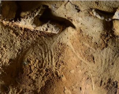 Diese Detailansicht einer in der La Roche-Cotard Höhle entdeckten Piktographie zeigt oben links im Bild möglicherweise das Werkzeug, mit dessen Hilfe die Felsgravur letztmalig an dieser Stelle bearbeitet wurde. <br />Foto : Jean-Claude Marquet / SWNS 2023, Lizenz CC BY 4.0.