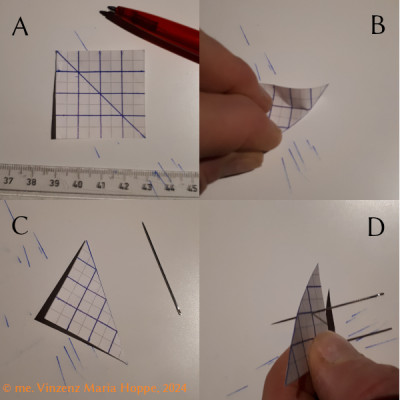Abb. 4:<br />Bildrechte: © me. Vinzenz Maria Hoppe, 22.01.2024; 19:27 MEZ<br />Ebenendurchlochung Vorlage (1-4)<br /><br />Herstellung einer flächensymetrischen Durchlochung mit einer herkömmlichen Nähnadel in einem mit Diagonalfalz einfach auf Ecke gefalteten quadratischen Stück Rechenpapier.<br />- Bitte nicht nachmachen! Für jegliche Nachahmung der hier demonstrierten Vorgehensweise übernimmt der Verfasser keinerlei Haftung. Jegliche Nachahmung auf eigenes Risiko.